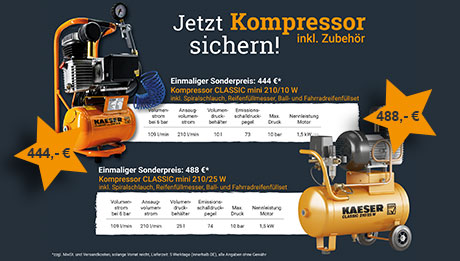 Jetzt Handwerker-Kompressor zum Sonderpreis sichern! Zwei orange Handwerker-Kompressoren, orange Sterne mit Preisauszeichnung, Text zu den Produkten vor blauem Hintergrund