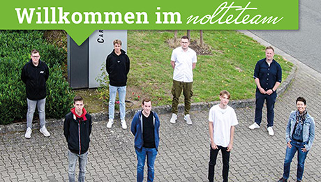 Herzlich Willkommen im nolteteam! Grünes Feld oben mit Text "Willkommen im nolteteam", Bild von 6 jungen Männern und zwei Ausbildungsbeauftragten der Nolte-Gruppe
