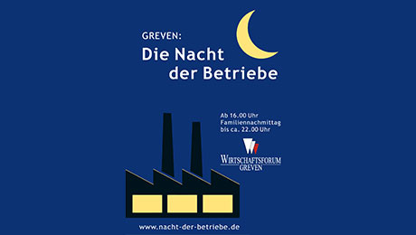 Dunkelblaue Fläche, Grafik einer Silouette einer Fabrik mit zwei Schornsteinen mit erleuchteten Fabrikfenstern. Oben ein Mond, Infos zur Nacht der Betriebe Greven