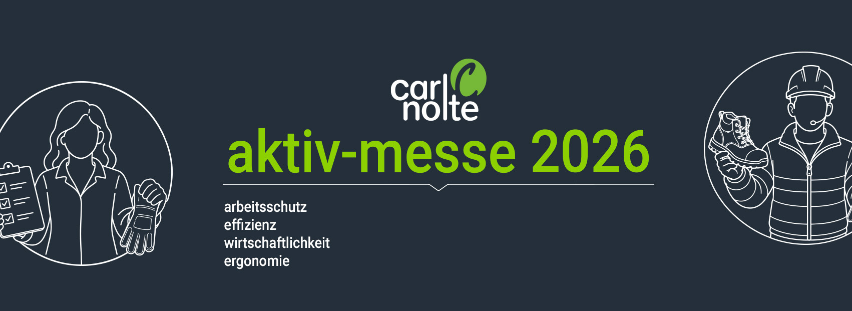 dunkelblauer Hintergrund, zwei Strichzeichungen mit Personen, die Schutzausrüstung tragen bzw. in der Hand halten. Text "aktiv-messe 2026, 22. September" und das Logo der Carl Nolte Technik